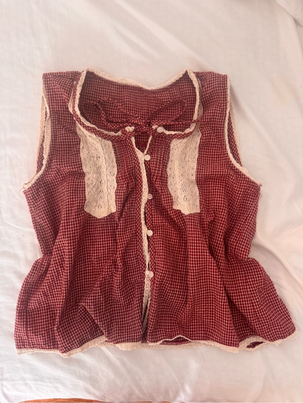 Red Gingham Lace-Trim Sleeveless Button Front Top